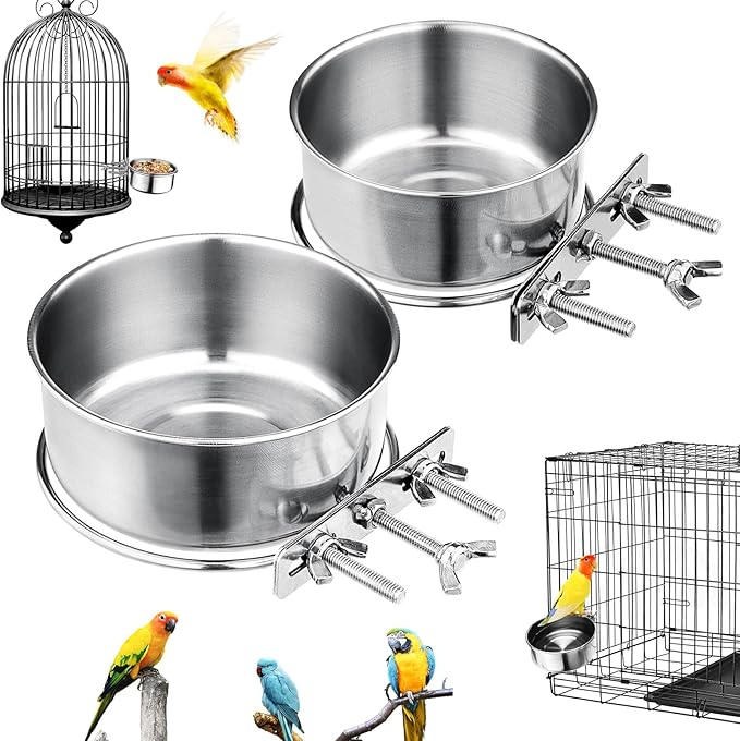 2 Pcs Bird Bowls for Cage Stainless Steel, Small Bird Cage Feeding Dish Cups, 10Oz + 17Oz Detachable Parrot Water Feeder Bowls with Clamp Pet Food Water Hanging Bowls for Small Dog Cat