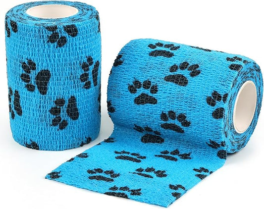 AUPCON Vet Wrap Cohesive Bandages Bulk Self Adhesive Bandage Wrap Self Adherent Wrap Non-Woven for Dogs Pet Animals & Ankle Sprains & Swelling 3 Inch x 5 Yards (2 Pack Blue Paws)
