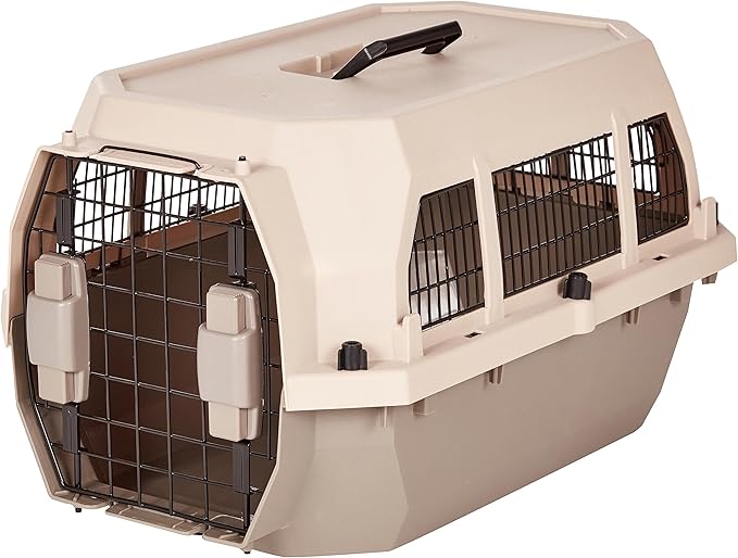 Amazon Basics Hard-Sided Dog and Cat Kennel Single-Door Travel Pet Carrier with Metal Wire Ventilation, 23.6"L x 15.7"W x 13.0"H, Beige