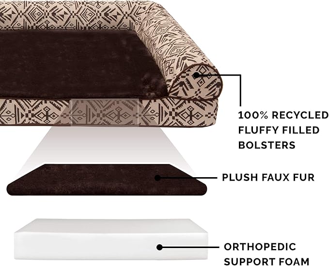 Furhaven Orthopedic Dog Bed for Large Dogs w/ Removable Bolsters & Washable Cover, For Dogs Up to 125 lbs - Plush & Southwest Kilim Woven Decor Sofa - Desert Brown, Jumbo Plus/XXL