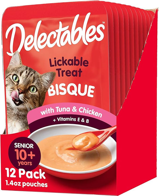 Hartz Delectables Bisque Lickable Wet Cat Treats with Tuna & chicken, Senior Cats 10+ years, 1.4 Ounce (Pack of 12) - Packaging May Vary