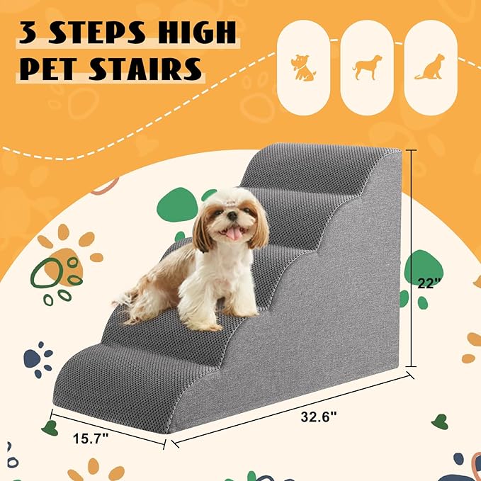 High Density Foam Dog Stairs Ramp for Beds Couches, Romrol Pet Steps with Durable Non-Slip Waterproof Fabric Cover, Dog Slope Stairs Friendly to Small Dogs and Cats or Pets Joints, 5-Tiers, Grey