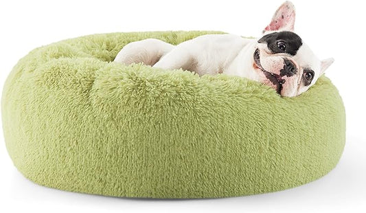 Bedsure Calming Dog Bed for Small Dogs - Donut Washable Small Pet Bed, Round Anti-Slip Fluffy Plush Faux Fur Large Cat Bed, Fits up to 25 lbs Pets, Green, 23 inches