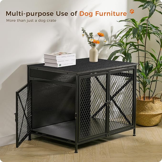 DWANTON Dog Crate Furniture, 31.5" L Three-Door Wooden Dog Kennel Indoor, Connectable expansion, Wooden Dog Crate Table for Small/Medium/Large Dog, Dog House, Dog Cage Large, Black