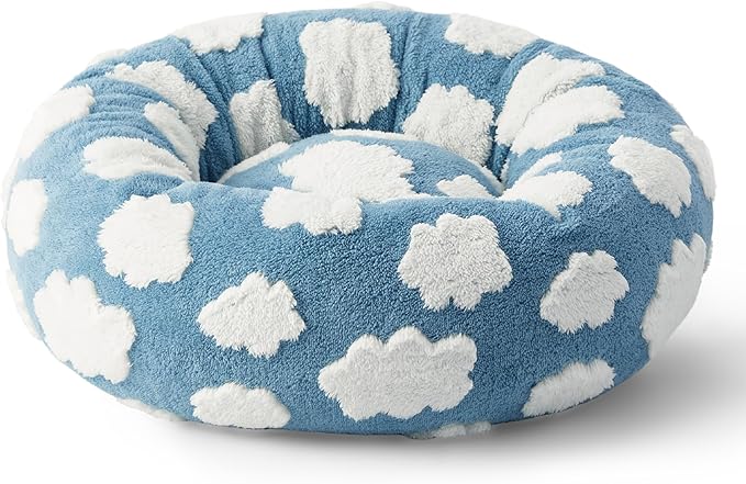 Lesure Cat Beds for Indoor Cats - Round Cat Bed Donut Small Dog Bed Calming Pet Beds, Cute Modern Beds with Jacquard Shaggy Plush & Anti Slip Bottom, 20 Inch, Blue