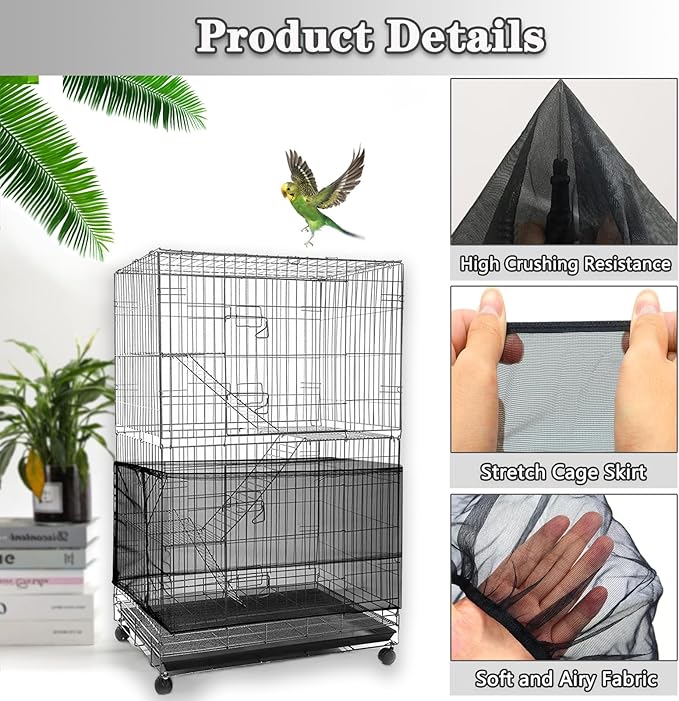 Bird Cage Seed Catcher, Bird Cage Net Cover Adjustable Bird Cage Netting Seed Catcher for Bird Cages Seed Catcher Guard Net Cover Bird Cage Skirt for Parrot Parakeet Macaw Round Square Cages - Black