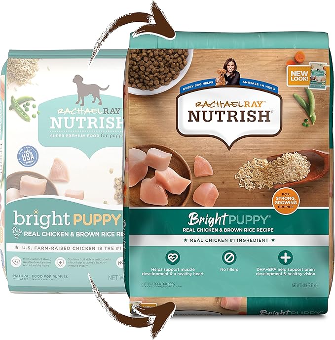 Rachael Ray Nutrish Bright Puppy Premium Natural Dry Dog Food with Added Vitamins, Minerals & Taurine, Real Chicken & Brown Rice Recipe, 14 Pound Bag (Packaging May Vary)