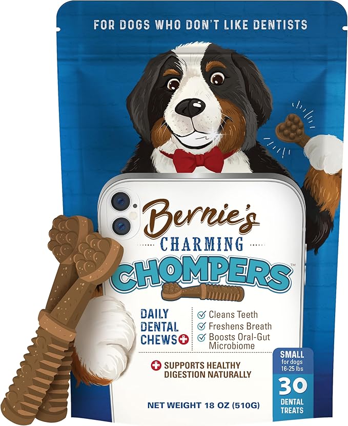 Bernie's Charming Chompers - Daily Dental Chews for Dogs 15-25 Lbs. - 30 Count - Cleans Teeth, Freshens Breath, Boosts Oral-Gut Microbiome. Easy to Digest, Supports Healthy Digestion Naturally