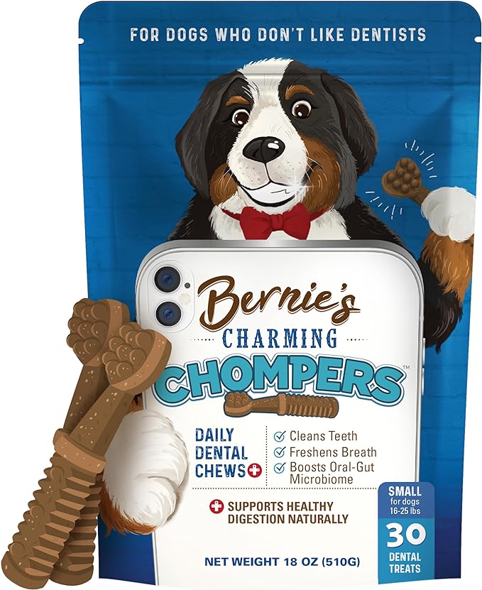 Bernie's Charming Chompers - Daily Dental Chews for Dogs 15-25 Lbs. - 30 Count - Cleans Teeth, Freshens Breath, Boosts Oral-Gut Microbiome. Easy to Digest, Supports Healthy Digestion Naturally