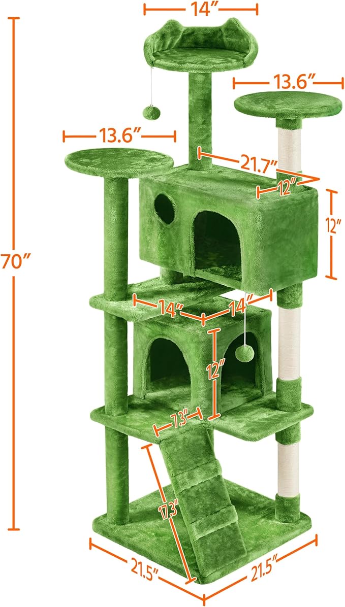 Yaheetech 70in Multi-Level Cat Tree Tall Cat Tower Cat Furniture with Condo, Scratching Posts & Dangling Ball for Indoor Cats Activity Center, Green