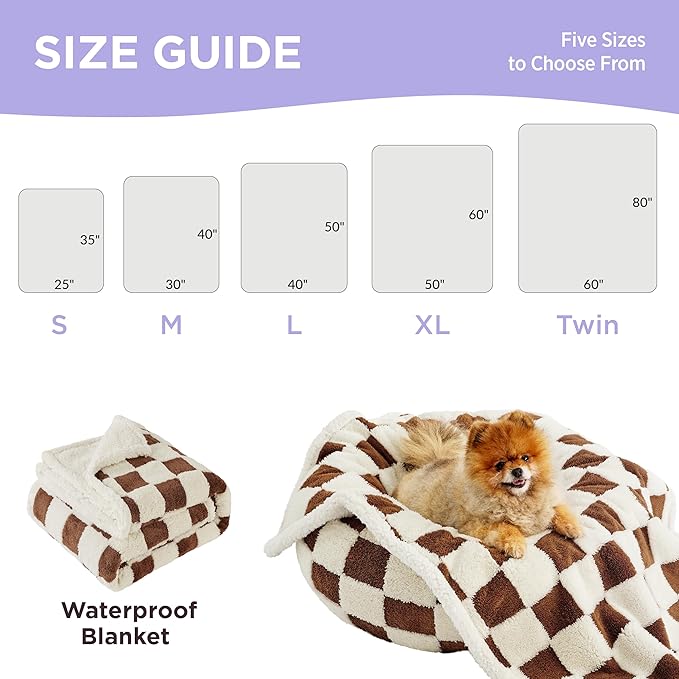 Lesure Waterproof Dog Blanket for Large Dogs - Washable Double Sided Dog Blankets with Warm Jacquard Shag and Soft Sherpa Fleece, Pet Cat blanket for Bed Protection, 3D Textured Checks, Brown