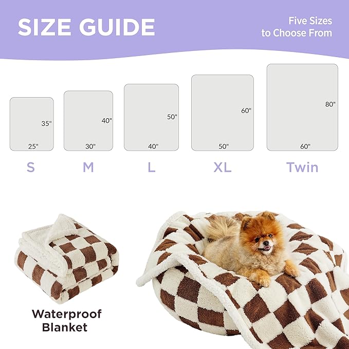 Lesure Waterproof Dog Blanket for Medium Dogs - Washable Double Sided Dog Blankets with Warm Jacquard Shag and Soft Sherpa Fleece, Pet Cat blanket for Couch Protection, 3D Textured Checks, Brown