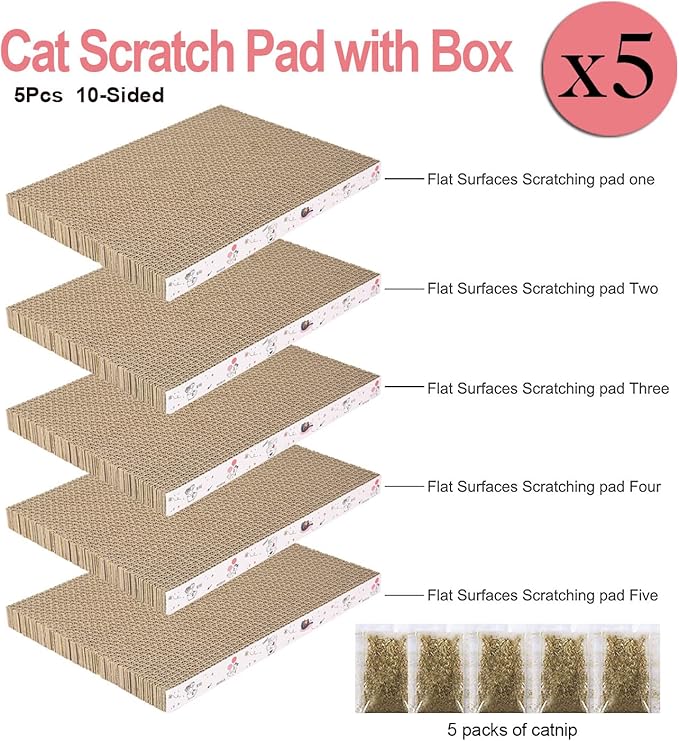 5 Packs in 1 Cat Scratch Pad with Box, Cat Scratcher Cardboard,Reversible,Durable Recyclable Cardboard, Suitable for Cats to Rest, Grind Claws and Play with Scratch Box