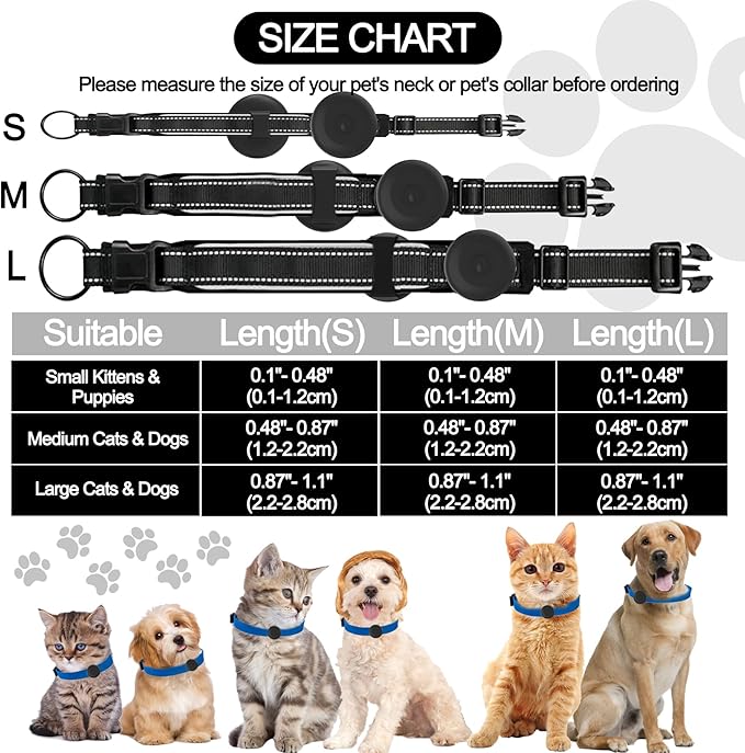 IPX8 Waterproof AirTag Dog Collar Holder, Hidden Air Tag Case for Cat Collar, Anti-Lost Silicone Cover for AirTag GPS Tracker Compatible with Pets Loop, Fits All Width Collars(Black S)