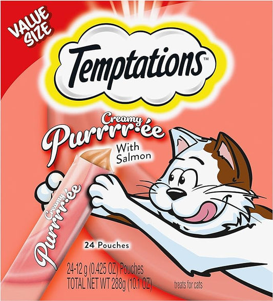 Temptations Creamy Puree Squeezable Lickable Wet Cat Treats with Salmon, 0.42 oz. Tubes, Pack of 24
