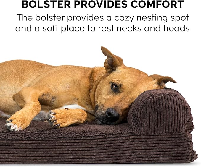 Furhaven Memory Foam Dog Bed for Large Dogs w/ Removable Bolster & Washable Cover, For Dogs UP to 125 lbs - Fleece & Corduroy Bolster Chaise - Dark Espresso, Jumbo Plus/XXL