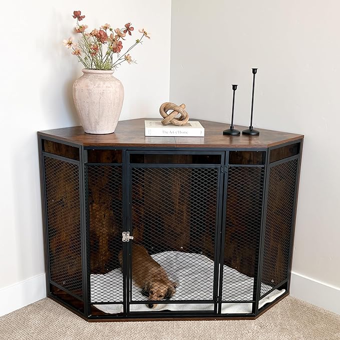 YITAHOME Corner Dog Crate Furniture, 52" Wooden Dog Crate with Dog Cushion, Dog Kennel Indoor for Small Medium Large Dogs, Brown