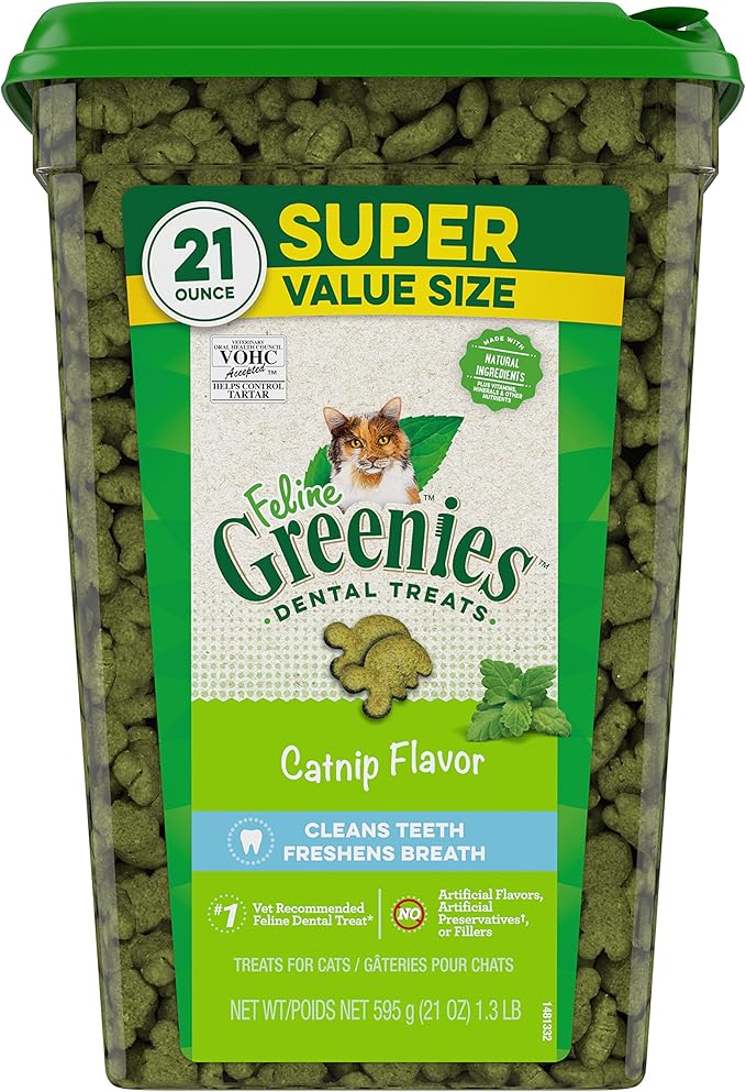 Greenies Feline Adult Natural Dental Care Cat Treats, Catnip Flavor, 21 oz. Tub