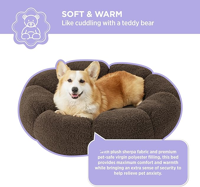 Lesure Calming Large Dog Bed - Flower Donut Round Fluffy Puppy Bed in Plush Teddy Sherpa, Non-Slip Cute Flower Dog Beds, Large Pet Bed Fits up to 100 lbs, Machine Washable, Espresso 36"