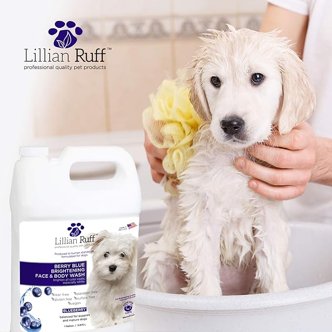 Lillian Ruff Berry Blue Brightening Face and Body Wash for Dogs - Blueberry Shampoo - Remove Tear Stains, Hydrate Dry Itchy Skin, Add Shine & Luster to Coats (Berry Blue Shampoo Gallon)