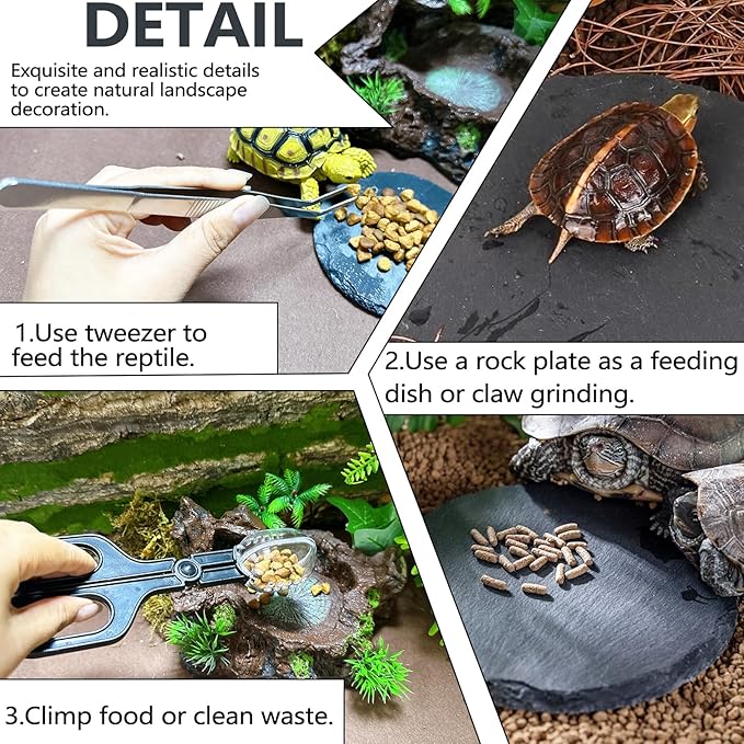 Reptile Feeding Bowl Resin Turtle Food Water Dish Tank Decor Basking Climbing Platform with Feeding Cleaning Tools for Lizard Gecko Chameleon Frog Beared Dragon Spider