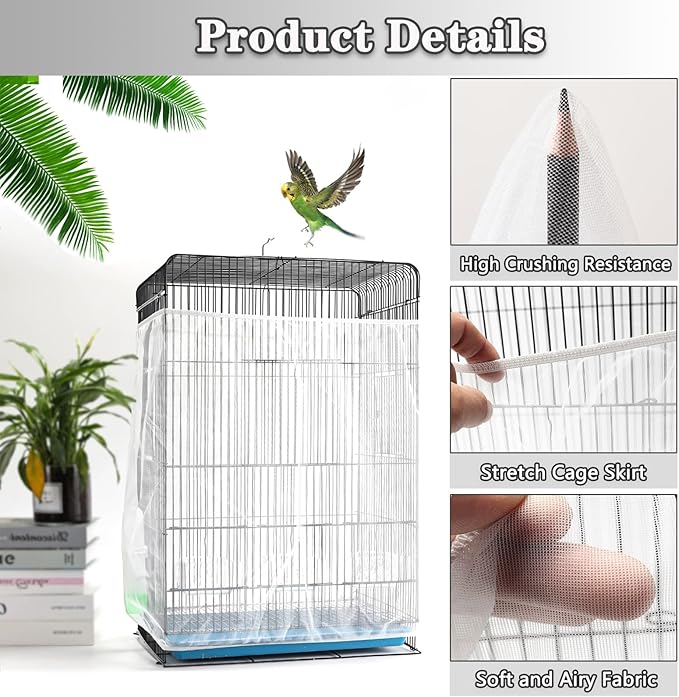 Bird Cage Seed Catcher, Bird Cage Net Cover Adjustable Bird Cage Netting Seed Catcher for Bird Cages Seed Catcher Guard Net Cover Bird Cage Skirt for Parrot Parakeet Macaw Round Square Cages - White