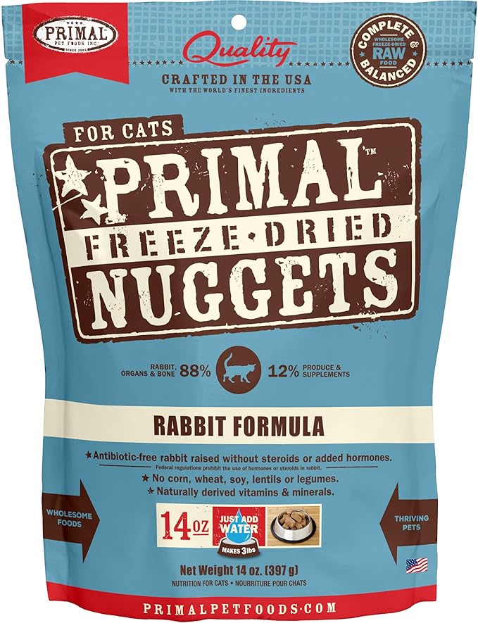 Primal Freeze Dried Cat Food Nuggets Rabbit; Complete & Balanced Meal or Topper; Premium, Healthy, Grain Free, High Protein Raw Cat Food with Probiotics (14 oz)