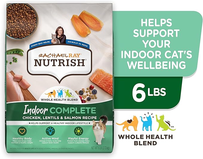 Rachael Ray Nutrish Indoor Complete Premium Natural Dry Cat Food with Added Vitamins, Minerals & Other Nutrients, Chicken with Lentils & Salmon Recipe, 6 Pounds (Packaging May Vary)