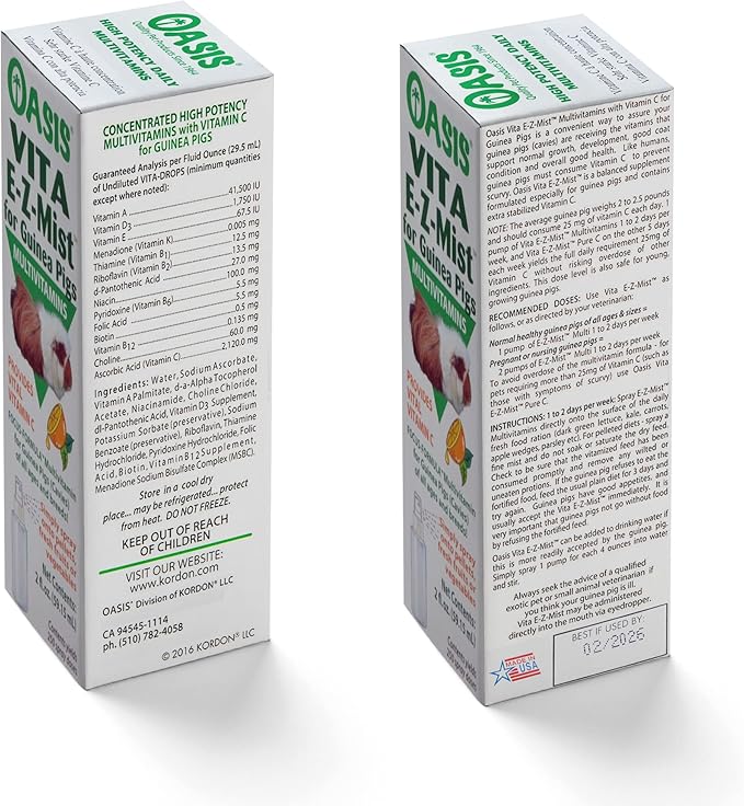 Oasis Vita E-Z Mist All-in-1 Multivitamins for Guinea Pigs - Daily Vitamin Supplement Supports Healthy Bones & Teeth, Joints & Digestion, Promotes Healthy Skin Coat, 2-Ounces