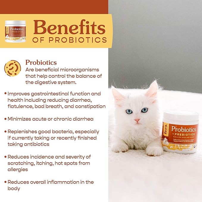 Fera Pets Organic Probiotics for Dogs & Cats - Vet Created - Cat & Dog Probiotic Supplement - 12 Strains & Prebiotics for Pet’s Digestion - 60 Scoops