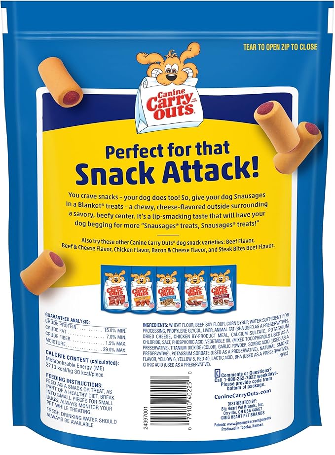 Canine Carry Outs Dog Treats, Snausages in a Blanket, Beef & Cheese Flavor, 22.5 Ounce (Pack of 4), Chewy Outside, Savory Inside