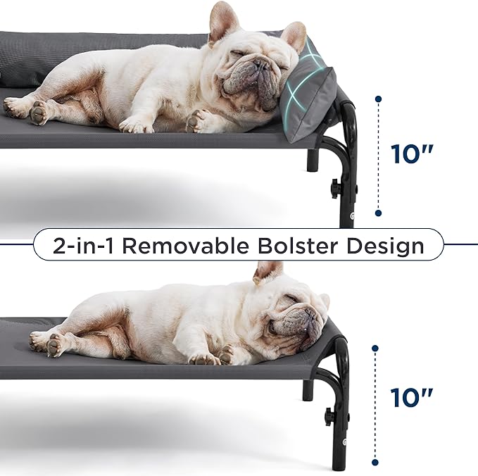 Bedsure XL Elevated Raised Outdoor Dog Bed - Cooling Dog Cot Bed with Bolster for Extra Large Dog, Lifted Pet Bed with Breathable Teslin Mesh, Dog Hammock Bed with Non-Slip Feet, Grey, 42 inches