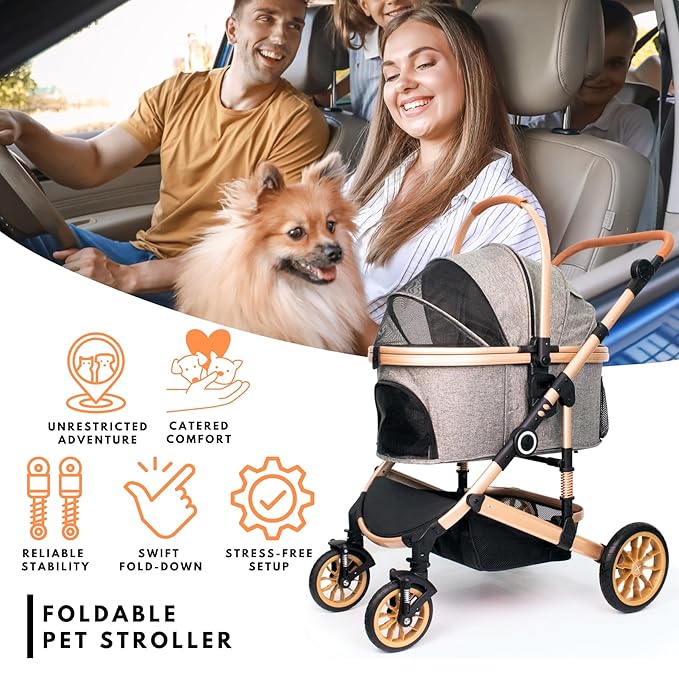 Pet Stroller with 4 Wheels, Foldable Pet Travel Carrier for Small/Medium Dogs Cats up to 50lbs, Detachble Portable Pet Bag, Storage Basket, 3 in 1 Multifunctional