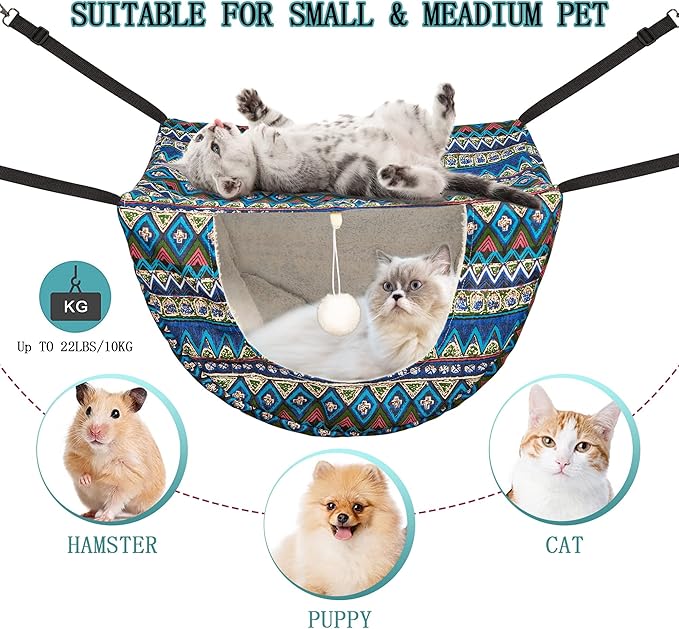 JSPYFITS Cat Cage Hammock with Ball,Double Layer Hanging Adjustable Soft Pet Bed Suit for Kitten Ferret Puppy Rabbit or Small Pets, 2 Level Indoor Pet Bad for All Season(Ethnic Style)