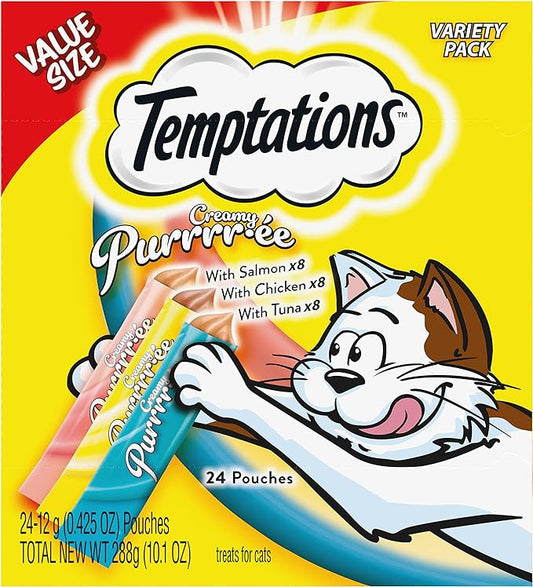Temptations Creamy Puree with Chicken, Salmon, and Tuna Variety Pack of Lickable, Squeezable Cat Treats, 0.425 Oz Pouches, 24 Count