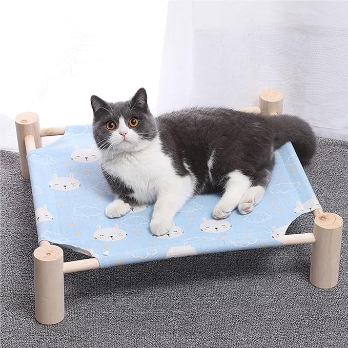 Pozico Cat/Dog Bed Hammock Cat Bed, Wooden Dog Elevated Indoor Outdoor Beds, Raised Cat Cots Furniture Pet Bed Puppy Bed Portable Breathable Mesh Cat Beds for Small Animals-Blue Rabbit