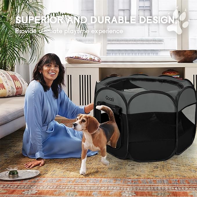 Portable Dog Playpen for Medium Dogs, Collapsible Pet Cat Kitten Puppy Playpen Indoors Outdoors with Zipper Top Cover (Medium Size, Grey-Black)