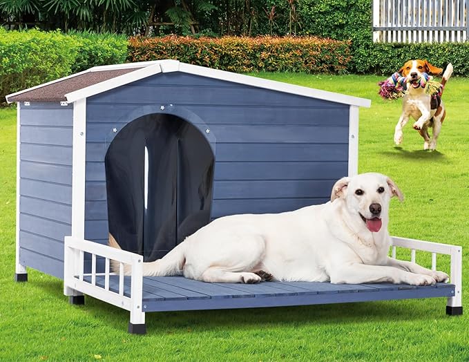 Petsfit Large Dog House with Terrace & Openable Asphalt Roof, 45" L x 54" W x33 H, XL Dog House Outdoor with Elevated Floor, Window & Door Flap, Outdoor Dog House for Large Dogs