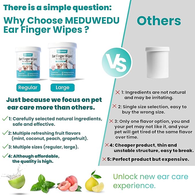 Ear Cleaner Finger Wipes 120 Counts, Dog Ear Cleaner,Soft & Easy Otic Cleaning Pads, Remove Wax, Dirt & Stop Smelly, Itchy, Non-Irritating, Grapefruit Scent