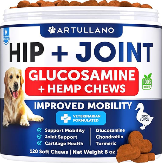 Hemp Hip and Joint Supplement for Dogs - Glucosamine for Dogs - Dog Joint Pain Relief Treats - Chondroitin - MSM - Hemp Oil - Mobility Support - Advanced Canine Joint Health - Made in USA - 120 Chews