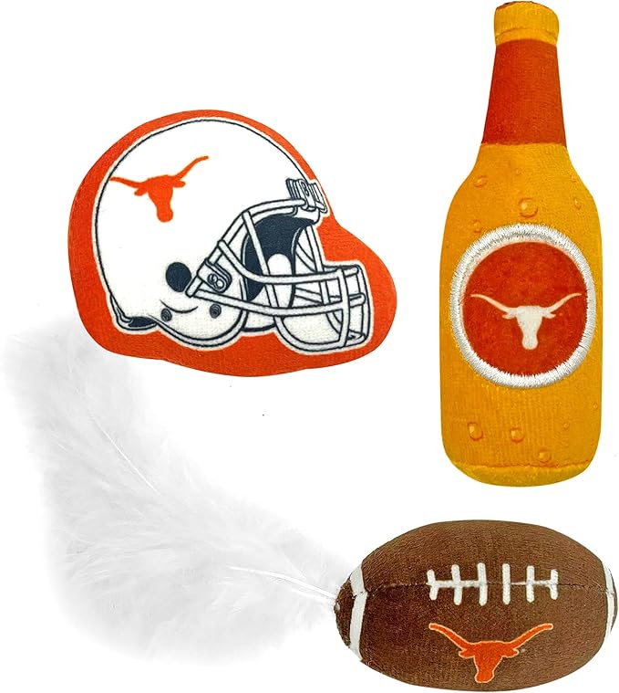 BEST PLUSH CAT TOY - NCAA TEXAS LONGHORNS Complete Set of 3 piece Cat Toys filled with Fresh Catnip. Includes: 1 Helmet Cat Toy, 1 Football Cat Toy with Feathers & 1 Beer Bottle. Beautiful Team LOGOS