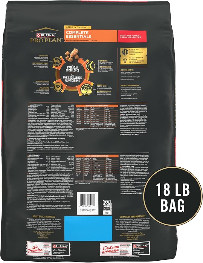 Purina Pro Plan Adult 7 Plus Complete Essentials Shredded Blend Beef and Rice Formula High Protein Dog Food for Senior Dogs - 18 lb. Bag