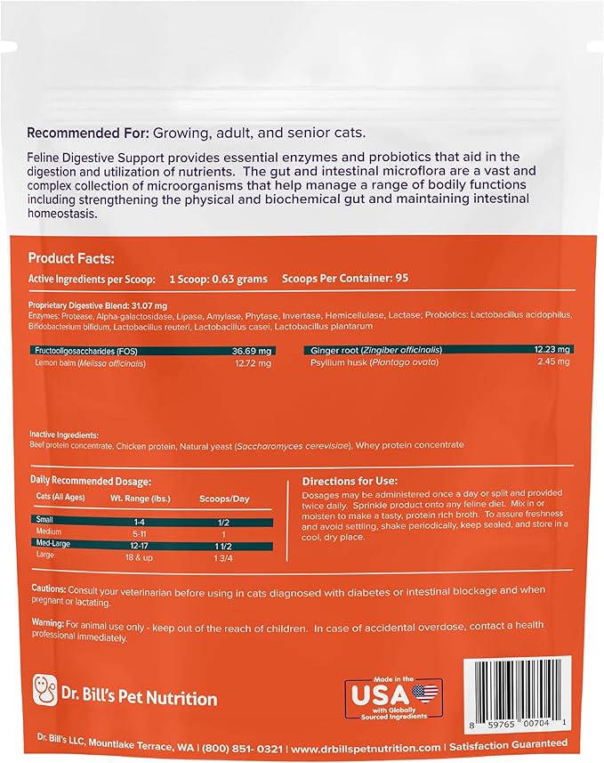 Dr. Bill's Feline Digestive Support Cat Prebiotics and Probiotics with Ginger Root, Psyllium Husk, Lemon Balm & More | 41 Active Ingredients for Better Digestion & Gut Health | Made in The USA