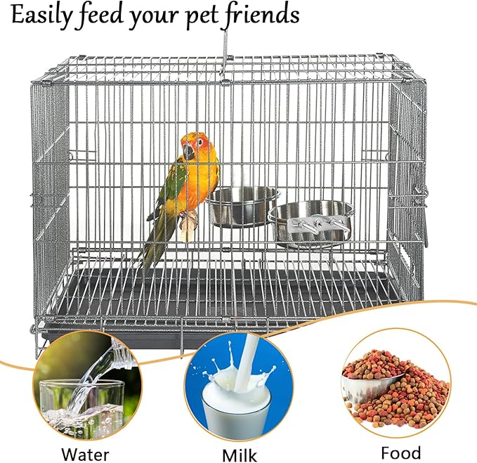 2 Packs Stainless Steel Bird Bowls with Clamp Holder, Bird Feeding Dish Cups Parrot Food Bowl Cage Small Pet Hanging Food Water Bowl for Parakeet Cat Rabbit Cockatiel Lovebirds Small Animal