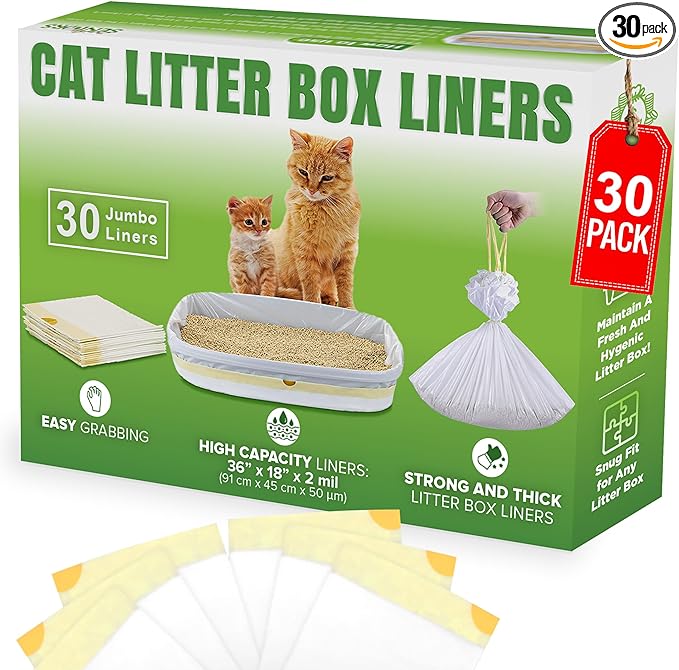 Cat Litter Box Liners - 30 Extra Large Strong & Thick Litter Liners For Mess-Free Cleanup - Jumbo Size - Conveniently Folded No More Tearing - Scratch-Resistant - Enjoy A Fresh Hygienic Environment