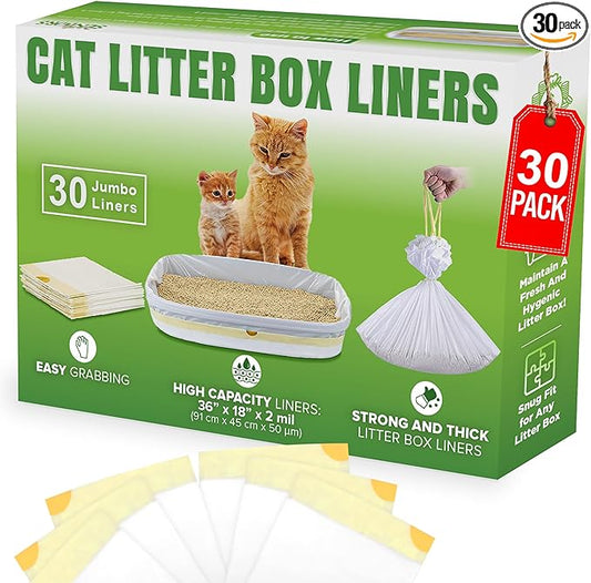 Cat Litter Box Liners - 30 Extra Large Strong & Thick Litter Liners For Mess-Free Cleanup - Jumbo Size - Conveniently Folded No More Tearing - Scratch-Resistant - Enjoy A Fresh Hygienic Environment