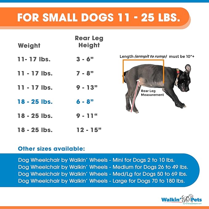Walkin' Wheels Small Dog Wheelchair, Lightweight Dog Wheelchair for Back Legs, 15-25 lbs, for 6-8 inches Leg Height - Blue
