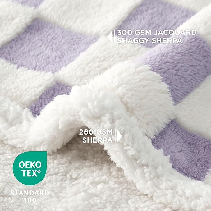 Lesure Waterproof Dog Blanket for Large Dogs - Washable Double Sided Dog Blankets with Warm Jacquard Shag and Soft Sherpa Fleece, Pet Cat blanket for Queen Bed Protection, 3D Textured Checks, Purple