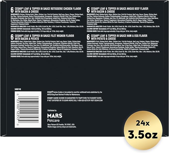 CESAR Adult Wet Dog Food Loaf in Sauce Rotisserie Chicken, Filet Mignon, Angus Beef, and Ham & Egg Flavors Variety Pack, 3.5 oz. Easy Peel Trays, (Pack of 24)