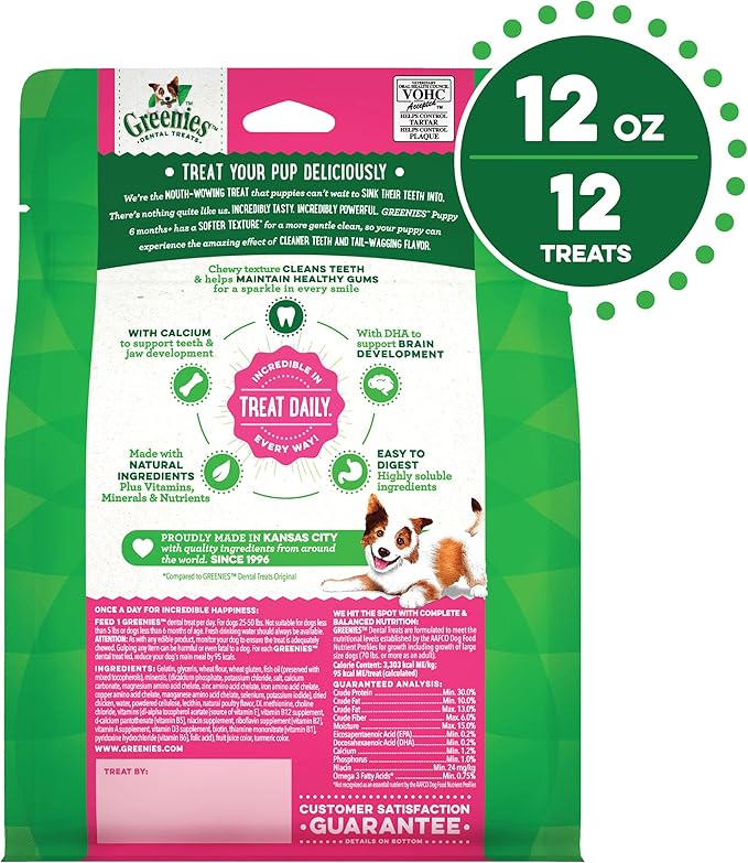 Greenies Puppy 6+ Months Regular Natural Dog Dental Care Dog Treats, 12 oz. Pack (12 Treats)